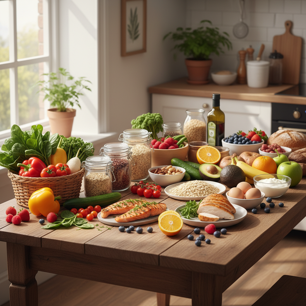 Färska råvaror och naturliga livsmedel på ett träbord i varmt dagsljus, ett utbildningsexempel på balanserad kost