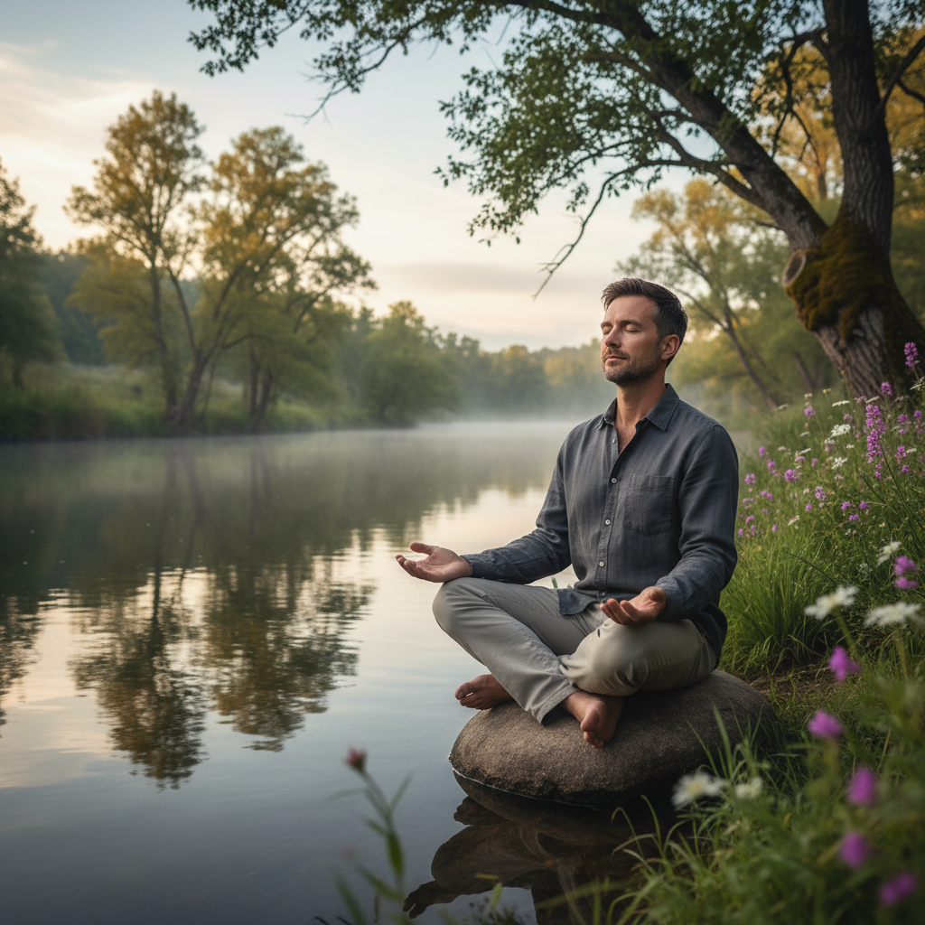 En man sitter ensam vid ett lugnt vattendrag i skogen med slutna ögon, ett uttryck för inre stillhet och medveten närvaro
