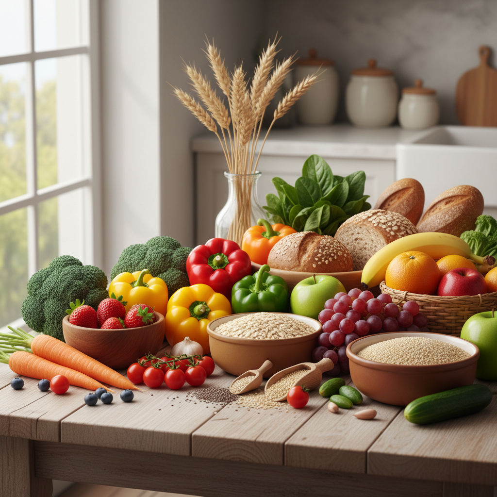 Färska grönsaker, frukter och fullkornsprodukter arrangerade på ett bord i naturligt dagsljus, ett exempel på balanserad kost